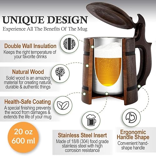 TESLYAR Chope à bière avec couvercle médiévale nordique en bois 0.6 L 20 (oz) | Tasse à bière | Verre a biere | Tasse en métal inoxydable | Fait main | Noël Cadeau | Cadeau pour Hommes - Nail Gallerys