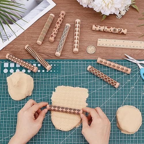 UNICRAFTALE 10Pcs 10 Styles Ensemble de Rouleaux de Texture en Bois pour Argile Poterie Céramique Potiers Tampons Outils Rouleaux à Pâtisserie Texturés Kit de Modelage pour Bricolage Artisanal - Nail Gallerys