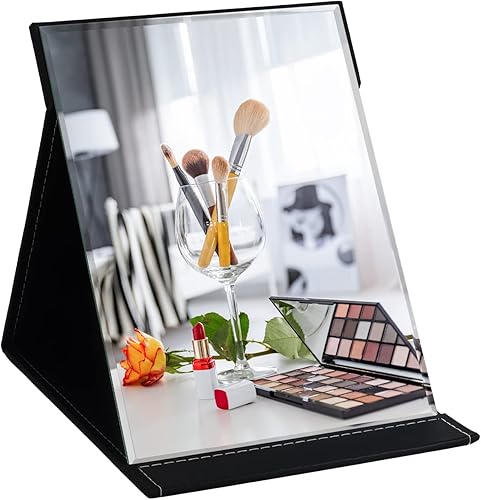 Miroir de maquillage pliable portable extra large de 30,5 x 22,9 cm, en cuir synthétique sans cadre avec support pour bureau, table, camping, voyage, personnel, noir - Nail Gallerys