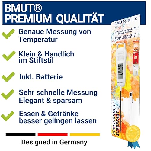 1 thermomètre de cuisine (numérique) - Rapide - Pour aliments et boissons (de -50 °C à +300 °C) - BMUT KT-2 - Thermomètre de cuisson pour viande, thé, eau, barbecue - Nail Gallerys
