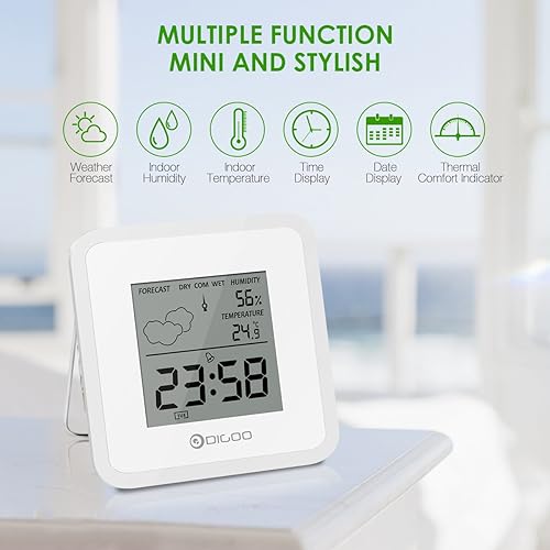 DIGOO Thermomètre Intérieur, Temperature Monitor Hygromètre Capteur Reveil Météo Prévisions, Maison Mini Digital Noir - Nail Gallerys