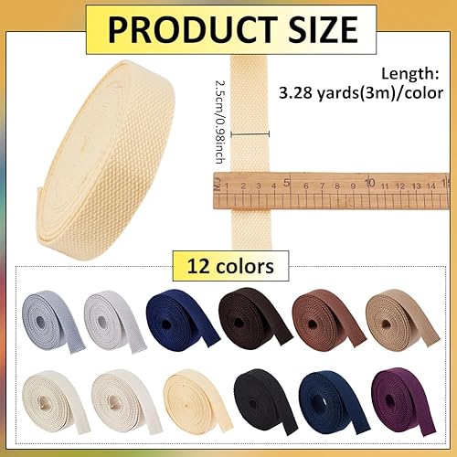 BENECREAT Sangle en Polycoton Épais de 36 m 12 Couleurs Sangles Mixtes de 25mm pour Poignées de Sacs Sangle de Sac Fourre Tout Ceinture en Tissu Fabriquer des Fournitures D'Extérieur (Couleurs Vives) - Nail Gallerys