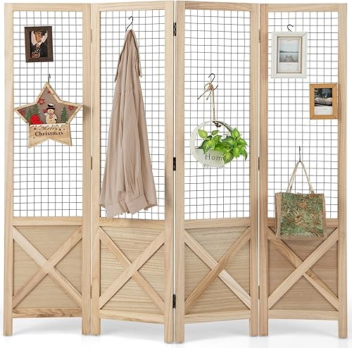COSTWAY Paravent Interieur 4 Panneaux 151 x 144 cm, Separateur de Pieces Pliable, Bois en Paulownia, Grille, Closion de Separation Interieur, Pieds Antidérapants, pour Chambre Bureau Salon, Naturel - Nail Gallerys