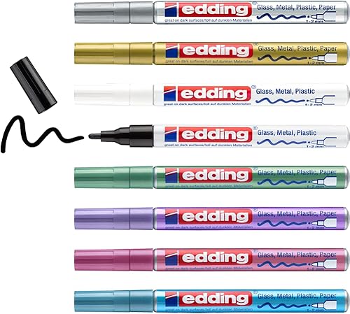edding 751 Marqueur peinture brillante - noir blanc or argent bleu vert violet rose (métallisé) - 8 stylos - pointe ronde 1-2mm - pour dessin, coloriage, scrapbooking - étanche, très opaque - Nail Gallerys