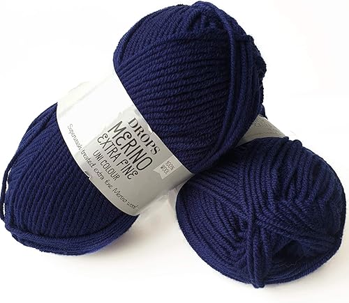 Drops Merino Extra Fine Pelote de laine extra fine en 100 % laine mérinos pour tricot et crochet, 3–Light (DK, légèrement peigné), traitée en mode Superwash, 51 g, 105 m par pelote, 27 bleu marine - Nail Gallerys