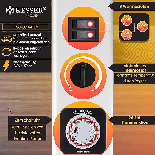 KESSER® Convecteur 2000 watts | Appareil de chauffage, Minuterie 24 h | Contrôle thermique en continu | Chauffage turbo | 3 niveaux | Poignées de transport, blanc - Nail Gallerys