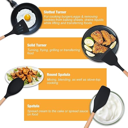 Ustensiles de Cuisine,Lychee 12PCS Kit d'Ustensiles de Cuisine en Silicone et Bois, Ustensiles Cuisine Antiadhésive Set avec Pot de Rangement,Silicone de qualité Alimentaire (Noir) - Nail Gallerys