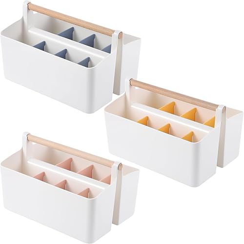YOFAPA Lot de 3 paniers de rangement polyvalents - En plastique avec poignées en bois - Pochettes de rangement portables avec séparateurs amovibles - Pour artistes, crayons de couleur, crayons et - Nail Gallerys