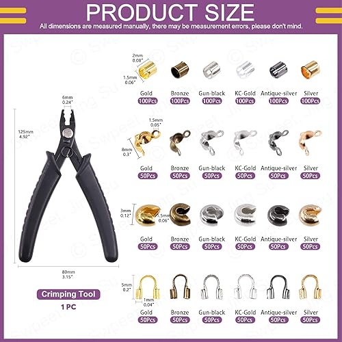 Swpeet Lot de 1 501 perles à sertir en laiton avec pince à sertir, 6 couleurs, 4 styles, y compris les perles à sertir en laiton et les perles à sertir, les cache-nœuds et les embouts de perles en fer - Nail Gallerys