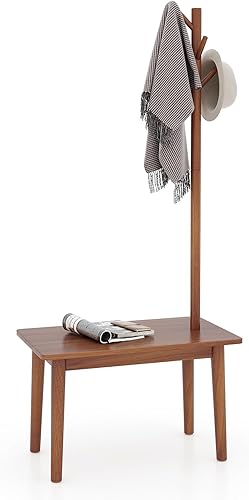 COSTWAY Porte Manteaux sur Pieds Bois 3 en 1, Meuble d'Entrée avec Banc, 4 Crochets, Table d’Appoint avec Portant à Vêtement en Bois, Vestiaire pour Entrée, Chambre, 76 x 43 x 168 cm (Naturel) - Nail Gallerys