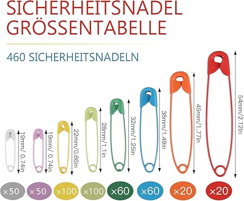 Lot de 460 épingles à nourrice - 7 tailles de 19 mm à 54 mm - Résistantes à la rouille - Grandes épingles à nourrice colorées et durables - Pour le bricolage, les vêtements, l'artisanat, la couture - Nail Gallerys