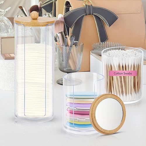 Oziral Lot de 3 Supports Qtip pour Salle de Bain pour Rangement Distributeur de Coton Tige en Acrylique avec Miroir Conteneur Rond pour Vanité Petit Conteneur Qtip Organisateur Maquillage - Nail Gallerys