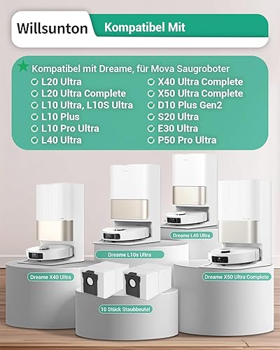Lot de 10 sacs d'aspirateur compatibles avec Dreame D10 Plus Gen 2/L10s Ultra Gen 2/L40/X40/X50/L50 Ultra, Mova E30 Ultra/P50 Pro Ultra, 3,2 grande capacité de rechange - Nail Gallerys