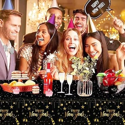 Lot de 3 nappes jetables en Plastique Noir et doré - Bannière du Nouvel an pour Le Nouvel an - Fournitures de fête - Décorations de Nouvel an 2025 (274 x 130 cm) - Nail Gallerys