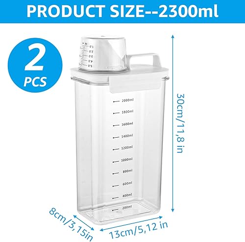 ZOFUN Lot de 2 boîtes de rangement pour poudre à lessive, 2300 ml, distributeur de lessive hermétique, avec verre doseur, distributeur de poudre à laver, récipient de stockage pour lessive - Blanc - Nail Gallerys