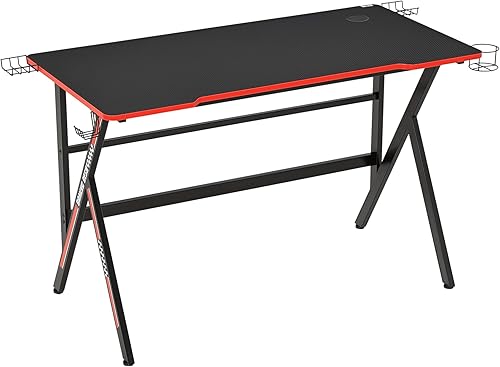HOMCOM Bureau Gaming Racing Bureau Gamer Bureau Informatique Bracket Supports Casque Enceintes Porte-gobelet métal Plateau MDF Texture Carbone Rouge Noir - Nail Gallerys
