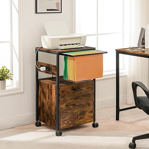 HOOBRO Classeur, Armoire de bureau, Classeur Mobile avec Station de Charge, Tiroirs et Étagères Ouvertes, Meuble de Rangement, Convient Fichiers de Format A4/Lettre, Marron Rustique et Noir EBF80CWJ01 - Nail Gallerys