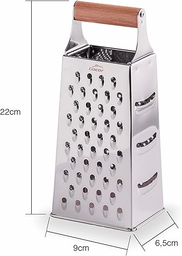 Lacor - 61364 - Râpe de cuisine BOIS, Râpe à 4 faces, Acier inoxydable, Manche en bois de hêtre, 4 côtés avec différentes coupes: fin, moyen, épais et tranché, 11x8.5x24.5 cm - Nail Gallerys