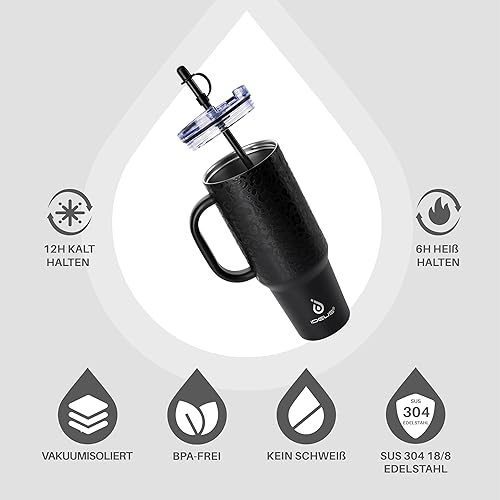 Ideus Gobelet isotherme avec poignée, 1,200 ml, à double paroi, réutilisable, en acier inoxydable, gobelet de voyage avec couvercle anti-fuite et paille, sans BPA, garde au chaud et au froid (léopard - Nail Gallerys
