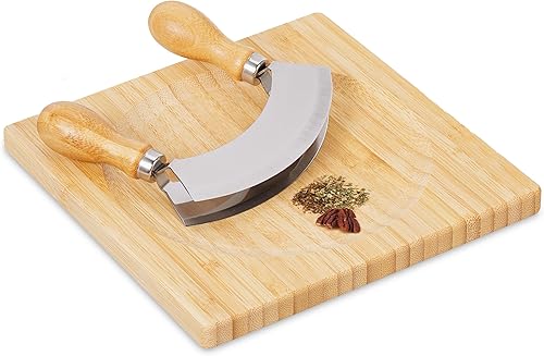 Relaxdays Hachoir Berceuse avec Planche, Bambou & Acier Inoxydable, Couteau à Double Lame, 20x20 cm, Nature - argenté - Nail Gallerys