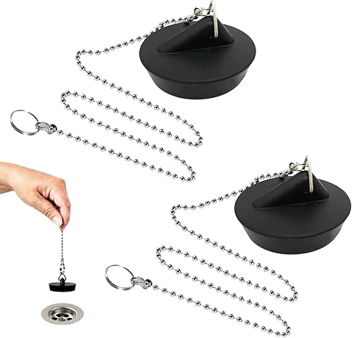 Lot de 2 bouchons de vidange d'évier - En caoutchouc - Avec chaîne de 35 cm - Pour lavabo, évier de cuisine - Nail Gallerys