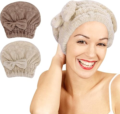 Unaone Lot de 2 serviettes de séchage en microfibre super absorbantes, turban à séchage rapide avec nœud papillon pour cheveux bouclés, longs, épais et mouillés (café et marron) - Nail Gallerys