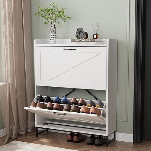VOWNER Armoire à chaussures étroite à 2 rabats réglables - Peu encombrante - Rangement à chaussures pour couloir - 80 x 24 x 101 cm - Pour 12 à 16 paires de chaussures - Blanc - Nail Gallerys