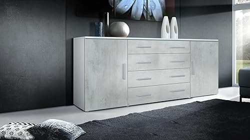 Vladon Buffet Faro V2, Commode avec 2 Portes et 4 tiroirs, Blanc Mat/Aspect béton oxyde (166 x 72 x 35 cm) - Nail Gallerys