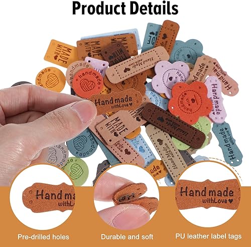 Nogeqi Lot de 50 étiquettes faites à la main à coudre - En cuir synthétique - Avec trous - En daim - En microfibre - À rivets - Pour vêtements au crochet, tricot, jeans à faire soi-même, sacs - Nail Gallerys