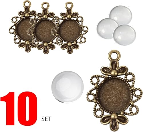 Perlin Lot de 10 médaillons filigranes en métal bronze et cabochon rond en verre transparent de 12 mm - Cadre super aspect - Kit de bricolage, 30mm für 12mm Cabachon, Verre - Nail Gallerys