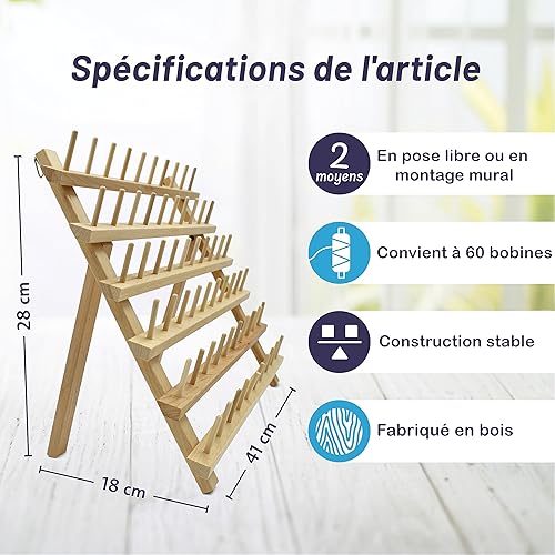 volila Meuble Couture - Support Bobine de Fil Couture 60 Chevilles - Rangement Couture avec Support et Crochets Double Rangement - Porte Bobine de Fil Couture Pouvant Servir de Support pour Tresses - Nail Gallerys
