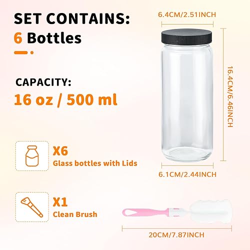 Lot de 6 Bouteille verre 500ml Avec Bouchons, Réutilisables Bouteilles Jus de Fruit avec Couvercles, Bouteille de Jus avec Brosse de Nettoyage pour Jus, Lait, Boissons Faites Maison,Shots de Gingembre - Nail Gallerys
