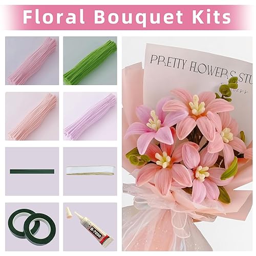 Bouquet de Fleurs Roses 30CM, Kit DIY pour Arrangement Floral: 20 Tiges Florales, 400 Chenilles à Décorer, Fil Créatif Vert, Papier Crêpe Fleuriste, Ruban Cadeau Décoration pour Femmes - Nail Gallerys