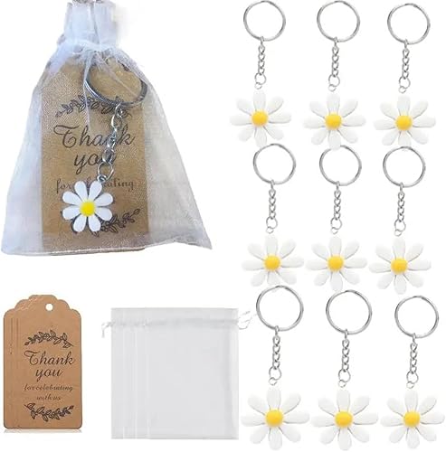 Lerpwige Lot de 30 porte-clés fleurs marguerite avec sachets en organza et cartes de remerciement - Accessoires de fête faits à la main à collectionner - Nail Gallerys
