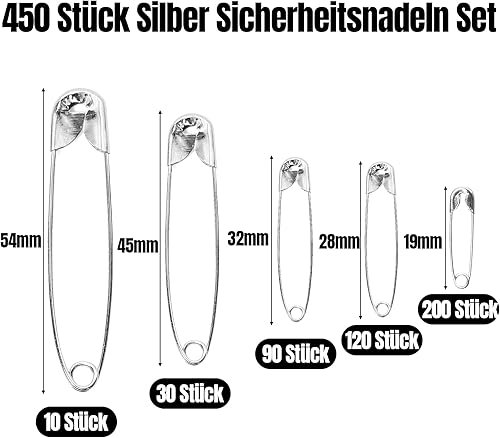 Lot de 450 épingles à nourrice argentées, 5 tailles 19 à 54 mm, en acier inoxydable, grandes et petites, pour vêtements, couture, travaux manuels, projets de bricolage (19, 28, 32, 45, 54 mm) - Nail Gallerys