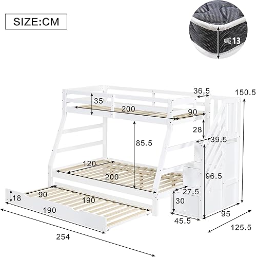 Seyakany Lit superposé Enfant 90/120x200cm avec Deux tiroirs et Toboggan,Lit cabane Enfants en Bois Massif,Cadre de lit Enfant 90/120x200 avec Garde-Corps et sommier à Lattes,Blanc - Nail Gallerys