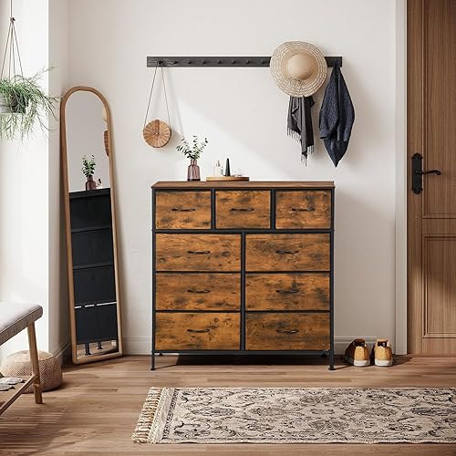 FURNITABLE Commode Chambre, Meuble de Rangement, Commode à 9 Tiroirs en Tissu, Cadre en Métal et Plateau en Bois, pour Salon, Chambre et Couloir, Chambre d'enfant，Marron Rustique et Noir - Nail Gallerys