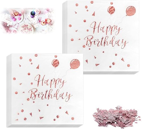 DOUSELLA 40 PCS Serviettes Joyeux Anniversaire Serviette Papier Anniversaire Rose Gold Serviettes HAPPY BIRTHDAY Serviette de Table Anniversaire Fille avec Confettis de Table pour Fêtes Dîner, Blanc - Nail Gallerys