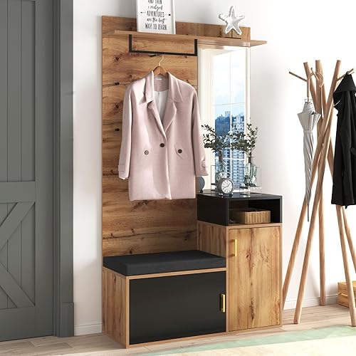 entapuk Ensemble De Garde-Robe Compacte - 4 Patères, Miroir, Meuble À Chaussures, Armoire Murale, Compartiment De Rangement Supérieur, Banc De Garde-Robe De Couloir, Ensemble De Meubles De Couloir - Nail Gallerys