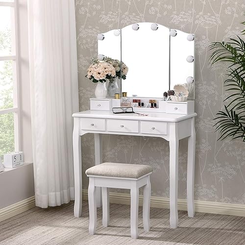 ANWBROAD Coiffeuse Table de Maquillage avec 10 LED Ampoules Lumière Dimmable Miroir et Tabouret Tabouret 5 tiroirs et 1 Organisateur de Rangement Amovible Pieds en Bois Massif Tabouret Blanc BDT05W - Nail Gallerys
