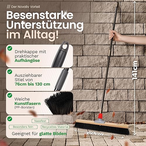 Novaliv Grand balai de 60 cm avec manche télescopique - Poils synthétiques - Avec manche - Pour atelier - Pour salle de sport - Balai industriel - Balai d'intérieur - Grand - Nail Gallerys