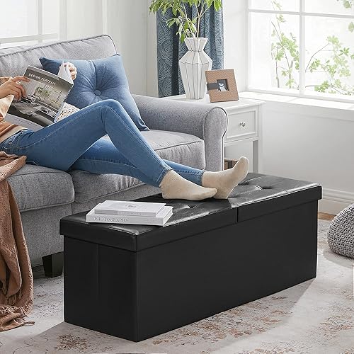 SONGMICS Banc de Rangement Pliable, Coffre avec Couvercle Rabattable, Tabouret, Bout de lit, Volume 120L, Charge Statique maximale 300 kg, 110 x 38 x 38 cm, Noir LSF75BK - Nail Gallerys