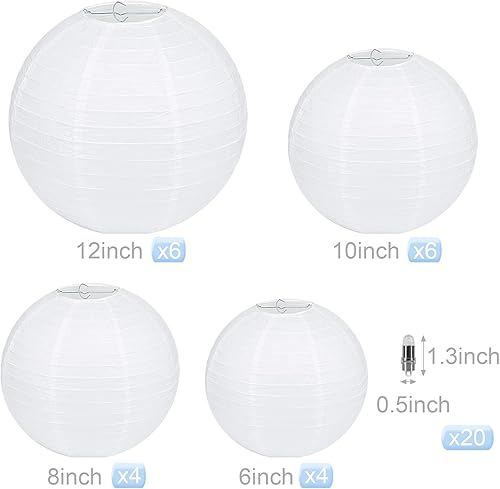 LIHAO Lampion Papier Blanc, 6' 8' 10' 12' Lanterne Papier Ronde avec LED Ballon Lampes Blanc Chaud pour Décoration Mariage Maison - 20 pièces - Nail Gallerys