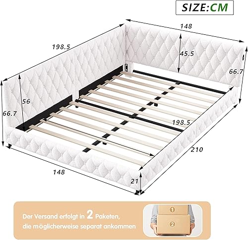 Canapé-lit rembourré, 140 x 200 cm, lit de jour, avec port LED et USB, cadre de lit avec sommier à lattes, multifonction, canapé-lit, lit pour adolescent, lit d'enfant, sans matelas (beige, 140 x 200 - Nail Gallerys