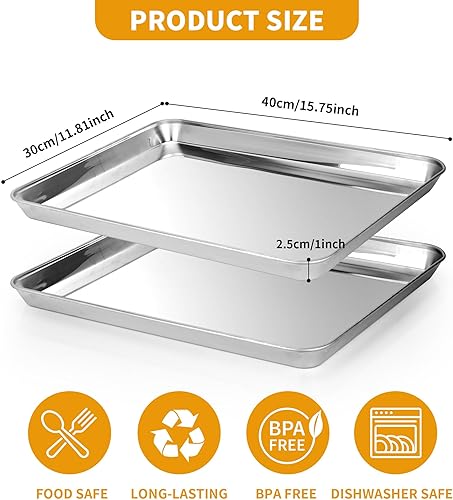 Aramanara Lot de 3 plaques de cuisson rectangulaires en acier inoxydable - 40 x 30 x 2,5 cm - Anti-adhésives - Nail Gallerys