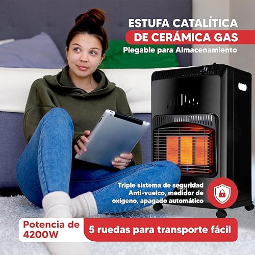 SOGO - CAL-SS-18290 - chauffage à gaz Butane en céramique, Pliable pour Stockage, 3 puissances, Bouteilles de 13 kg, Triple système de sécurité, 5 Roues, 4200 W - Nail Gallerys