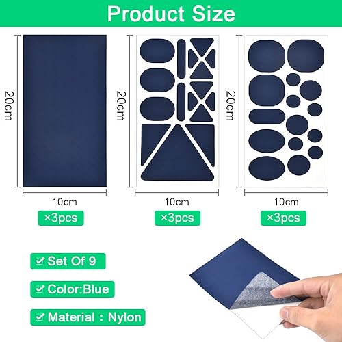 SIYINGSAERY 9 Pièces Patchs de Réparation en Nylon Patch Autocollant Tissu 10*20cm Patch Reparation Doudoune Bleu Patchs en Duvet Patchs de Réparation Auto-adhésifs pour Sac de Couchage, Tente, Veste - Nail Gallerys