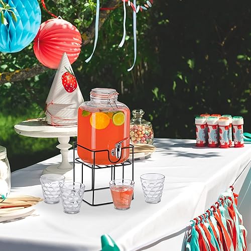 Relaxdays Distributeur de Boisson en Set, Fontaine à Eau 4,2 l, 4 Verres, Support, Jarre à jus avec Robinet, Transparent - Nail Gallerys