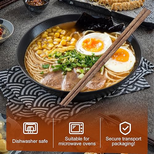 Ecofocet 2 Ensemble De Bols Ramen En Céramique Avec Baguettes Et Cuillère, 2×1000ml Bol à Soupe Ramen Japonais en Porcelaine, Grandes Saladier, Bol de Nouilles, de Céréales, Noir - Nail Gallerys