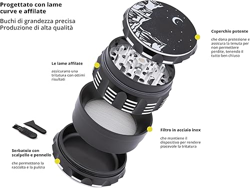 MYSTE Grinder de 63 mm de hauteur, avec des dents plus tranchantes améliorées, 4 parties avec grattoir, couvercle magnétique, moulin à épices premium, noir, emballage cadeau - Nail Gallerys
